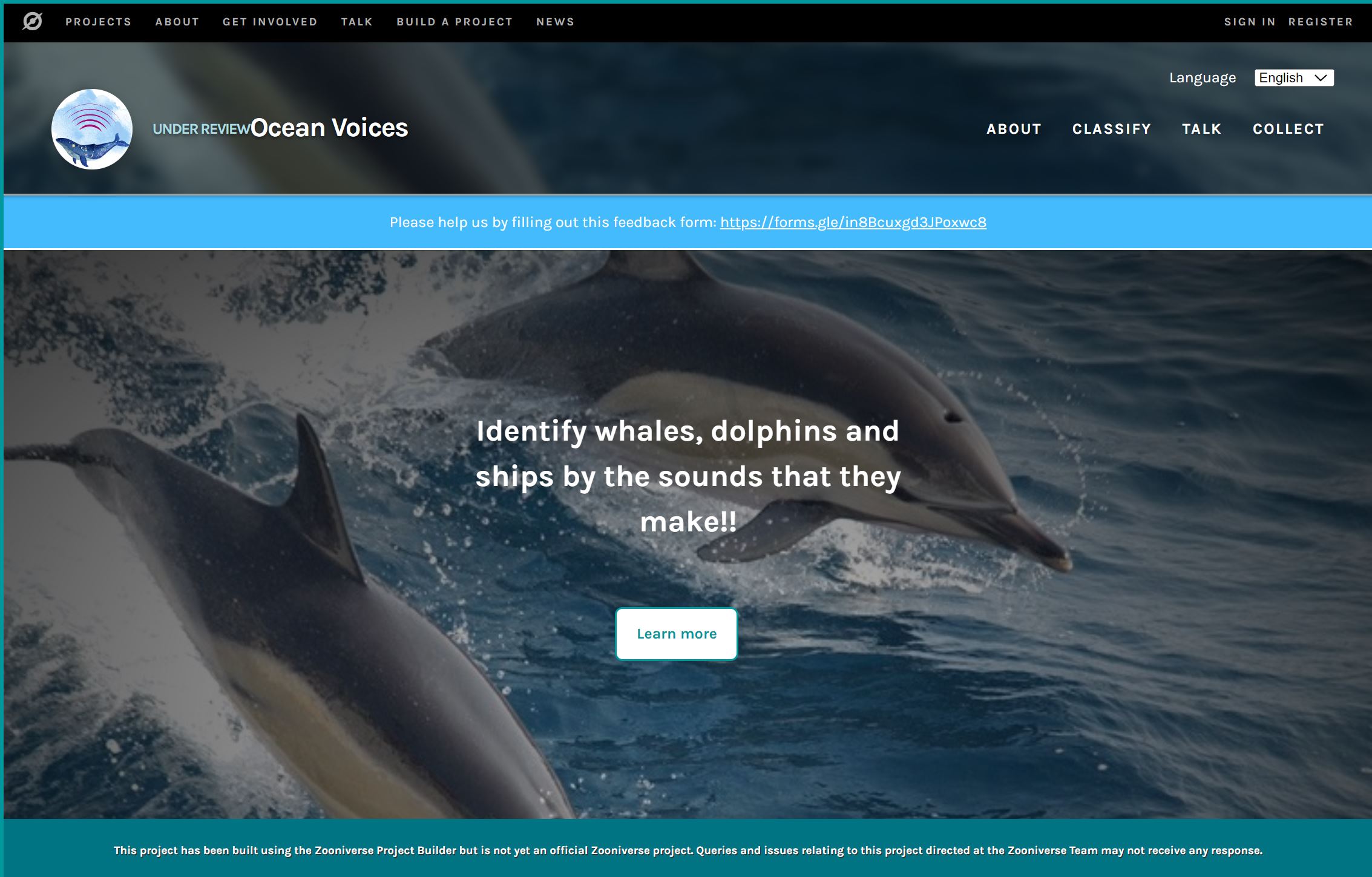 Screenshot of Zooniverse "Ocean Voices" website, with dolphins in background and buttons to learn more.